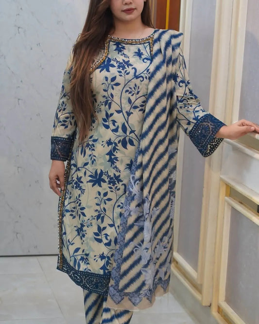 Elegant blue floral printed 3-piece suit with a timeless charm.