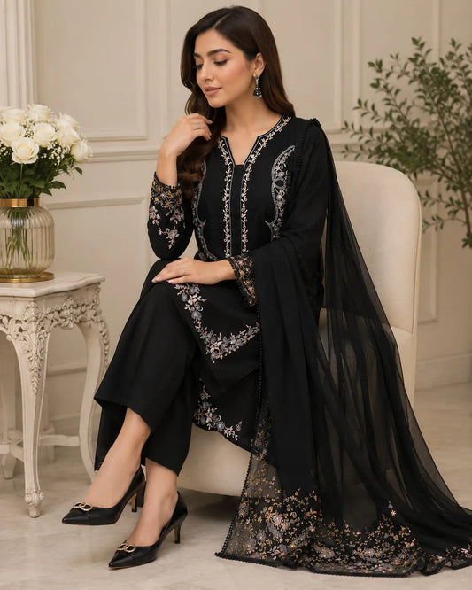 🖤 Elegant Black Embroidered 3-Piece