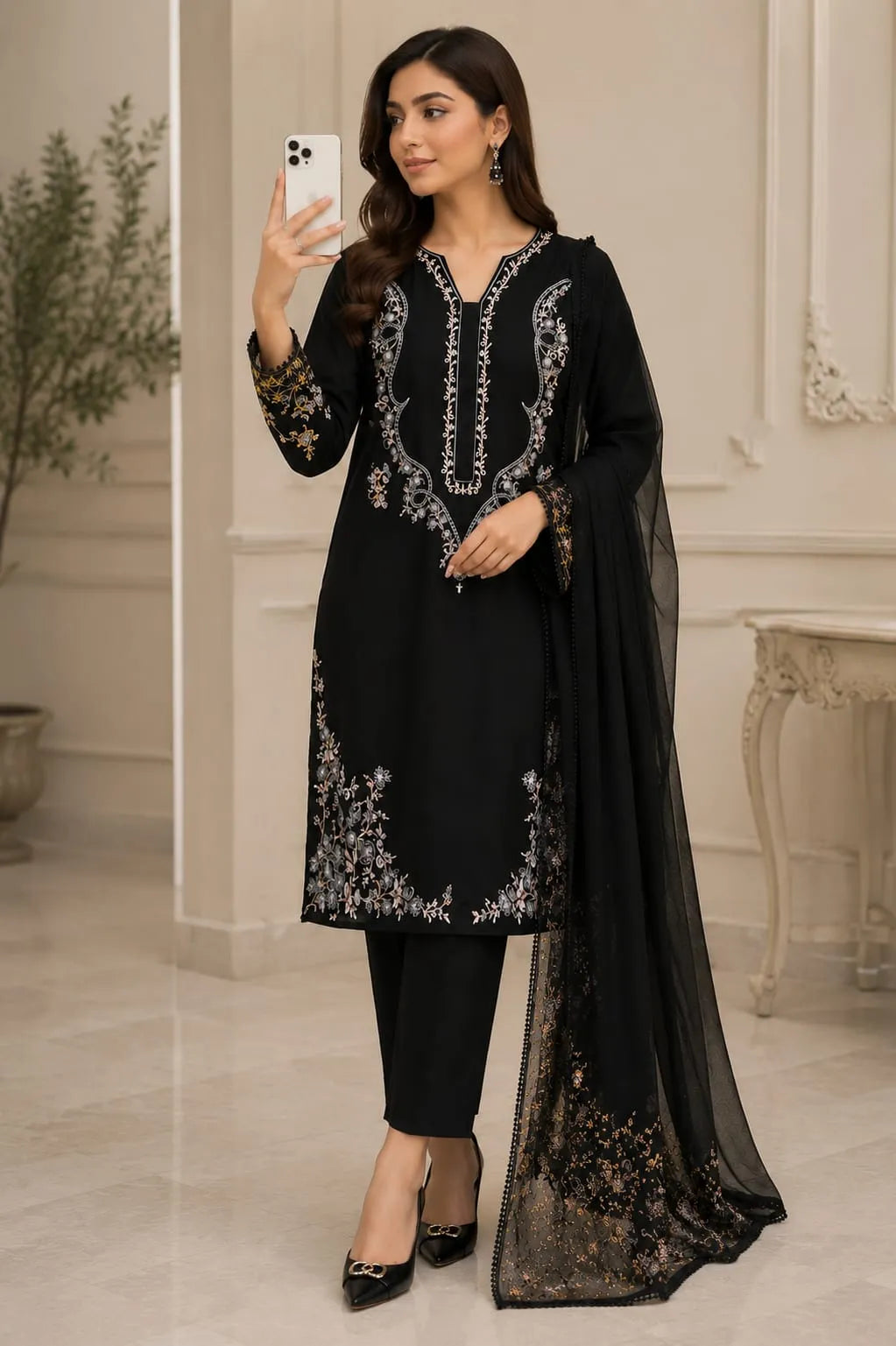 🖤 Elegant Black Embroidered 3-Piece